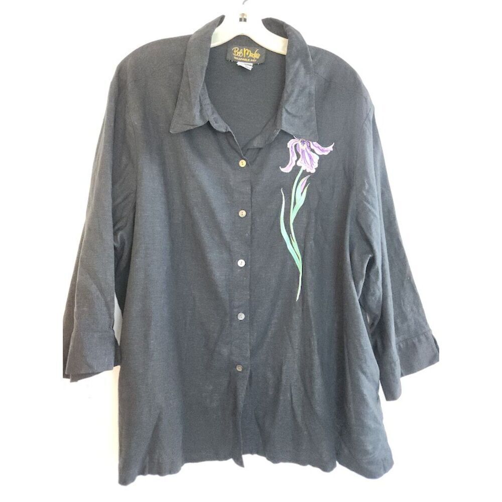 Bob Mackie Women Black w/Purple Floral Embroidered Linen Blend Button Up Top 1X